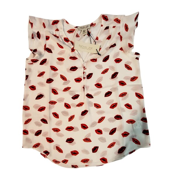 Rachel Zoe Tops - Rachel Zoe Womens XS White Blouse With Red Lips Print Cap Sleeves Button Detail